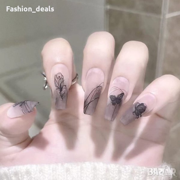 Нов комплект Фалшиви нокти 24 броя за маникюр средна дължина с Пеперуда Роза, снимка 1