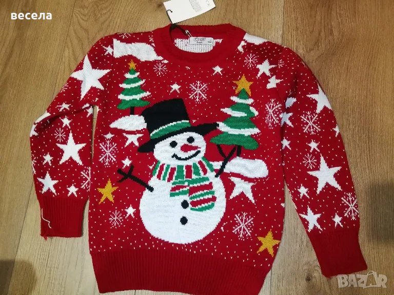 пуловерче коледно, червен цвят с снежен човек и елхички , снимка 1