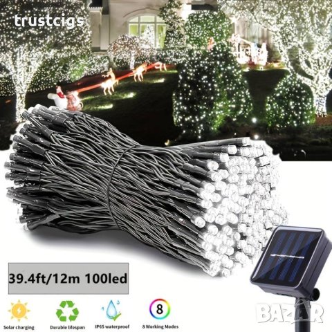 Соларни лед коледни лампички – Бяла светлина 12м, снимка 3 - Соларни лампи - 43107777