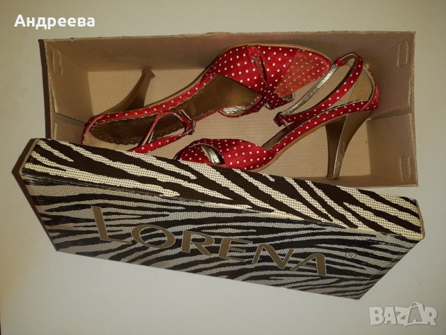 Сандали Lorena - ток, ефектни, червени на точки , снимка 3 - Дамски обувки на ток - 26976614
