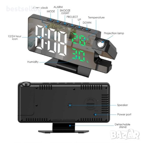 Постоянно светещ дигитален часовник настолен проеткор проекция на стена, снимка 7 - Други - 43423247