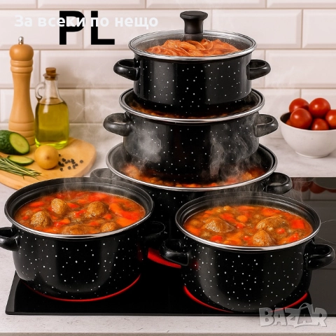 Комплект 5 броя тенджери, със 5 бр стъклени капаци Висококачествена изработка Черни Код P1688, снимка 2 - Съдове за готвене - 52960289