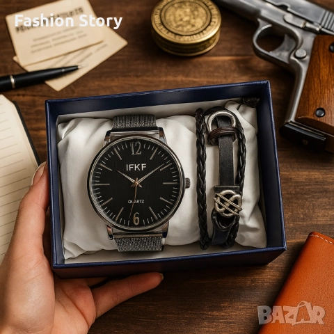 Мъжки комплект – кварцов часовник с метална верижка и стилна гривна в подаръчна кутия, снимка 4 - Мъжки - 51937551