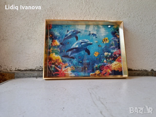 Диамантен гоблен делфини-готов и рамкиран, снимка 4 - Гоблени - 50711730