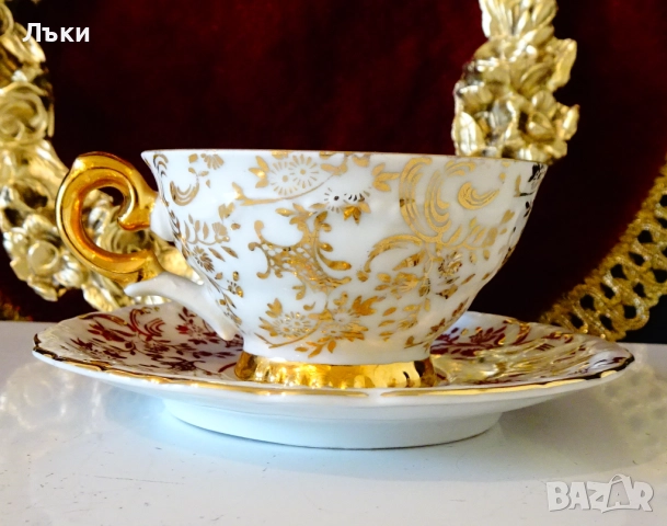 Чаша с чиния,баварски костен порцелан,злато,барок. , снимка 2 - Антикварни и старинни предмети - 52267410