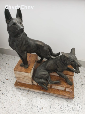57см-20кг Carvin ЦAM статуетка/стара френска скулптура/фигура на кучета-немски овчарки