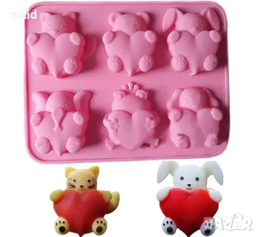 заек мече жаба  слон куче коте животни със сърце силиконов молд форма фондан шоколад гипс сапун