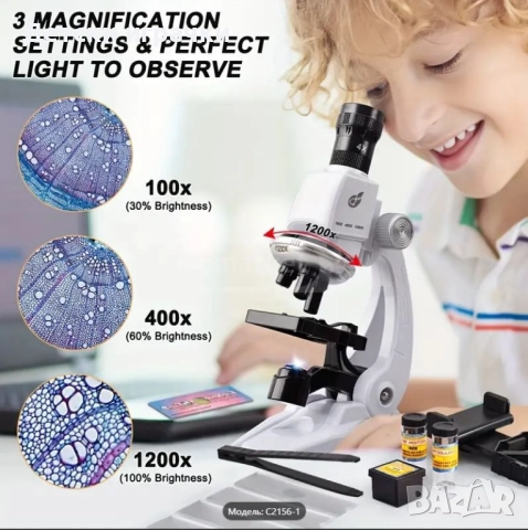 Детски Микроскоп с аксесоари 100х-1200х, снимка 2 - Образователни игри - 52633961