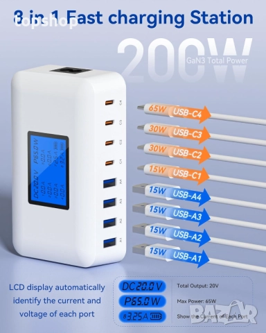 Ново Rsydmny 200W зарядно устройство - 8-портово USB C захранване, USB зарядна станция с LCD екран.., снимка 2 - Друга електроника - 52077972