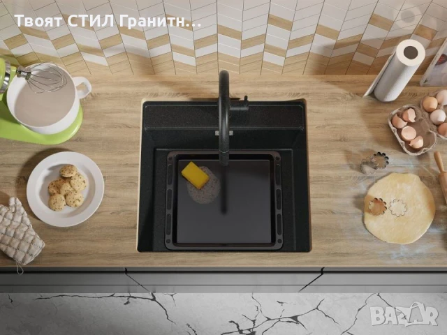 Графит кухненска мивка за вграждане под плот Берген 60 Low 560x530 мм, снимка 6 - Мивки - 51415910