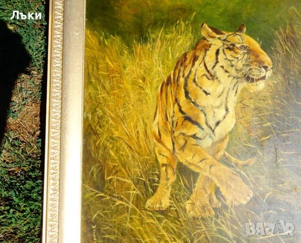Картина Тигър,масло върху фазер,подпис,рамка. , снимка 5 - Картини - 51318936