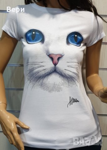 Страхотна нова дамска тениска с 3D принт котка със сини очи, снимка 2 - Тениски - 28344647