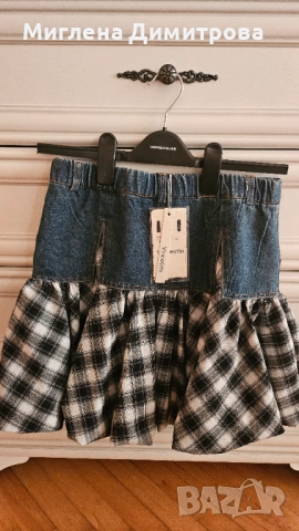 Пола в комбинация с деним и каре, снимка 2 - Поли - 53253411