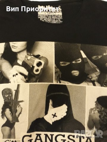 Гъзарска тениска черна с принт GANGSTA-GIRLS и мадами-гангстери.Изчистен черен гръб. , снимка 4 - Тениски - 37416330