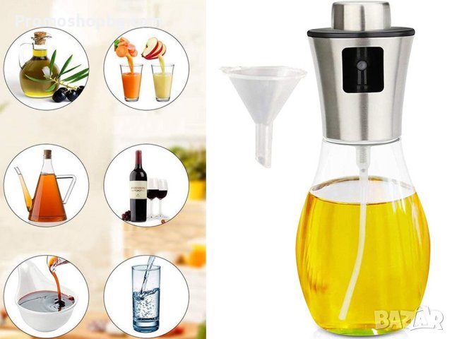 Стъклена Спрей бутилка за зехтин, олио или оцет 200 мл + фуния за пълнене, снимка 2 - Прибори за хранене, готвене и сервиране - 43886611