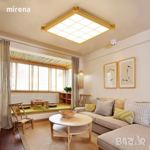 Дървен полилей ЛЕД LED, японски стил, квадратна, дистанционно 216, снимка 2 - Лампи за таван - 51536467