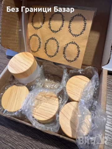 Нови Празни стъклени бурканчета с дървени капачки за козметика и декорация, комплект 6 броя