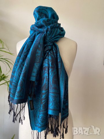 Маслено Зелен шал от 100 % пашмина, снимка 8 - Шалове - 43592477