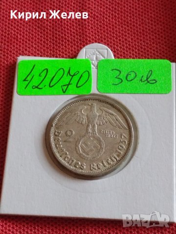 Сребърна монета 2 райхсмарки 1937г. Нацистка Германия Трети Райх с СХВАСТИКА за КОЛЕКЦИЯ 42070