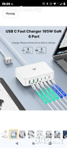 USB C зарядно устройство, 165W GaN 6-портова USB C зарядна станция PD USB C & QC USB A стенно

