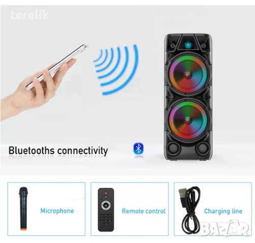 !@ Нова ZQS 8210 2х8 120W 6500mah 2 микрофона ПРЕНОСИМА КАРАОКЕ КОЛОНА, снимка 10 - Аудиосистеми - 53163709