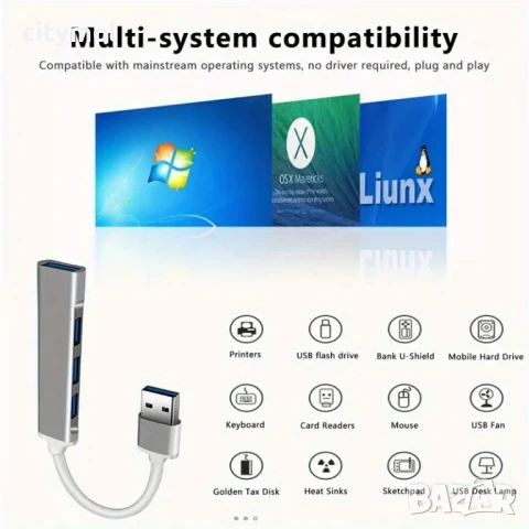 4 в 1 Хъб USB 3.0 5Gbps, пренос на данни, мулти сплитер за PC лаптоп ноутбук, снимка 4 - Други - 50695774