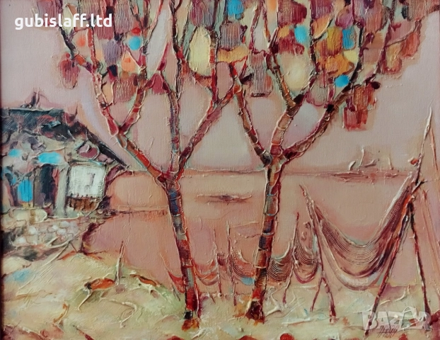 Картина, пейзаж, море, мрежи, худ. Н. Ханзъров, 1999 г., снимка 2 - Картини - 52218844