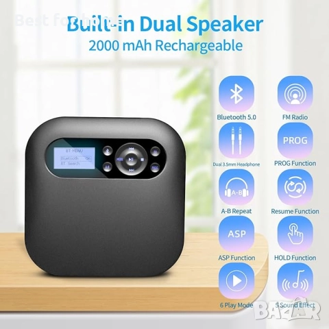 DESOBRY Bluetooth преносим CD плейър с високоговорители, снимка 3 - MP3 и MP4 плеъри - 52807980