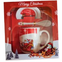 Коледна чаша с чинийка и лъжичка Дядо Коледа , снимка 1 - Чаши - 42994139