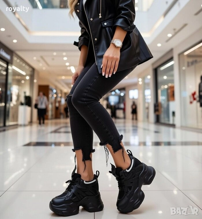 Кецове на платформа - черна кожа и мрежа, снимка 1