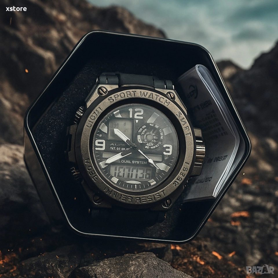 Спортен аналогово-дигитален мъжки часовник с подсветка, аларма и водоустойчив корпус, снимка 1