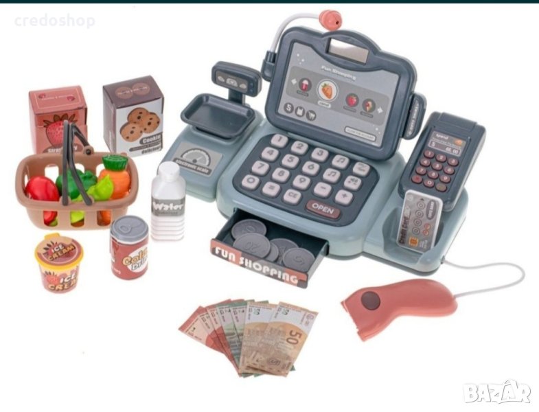 Детски Касов апарат с четец, пари,везна ,кошница с продукти,син, снимка 1