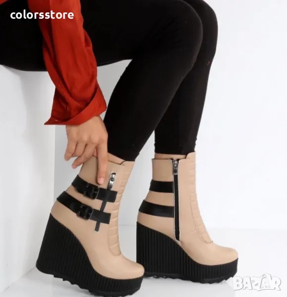 Боти на платформа - бежова кожа с черно ходило - B2001, снимка 1