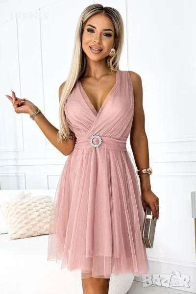 Дамска официална рокля от тюл цвят пудра, снимка 1