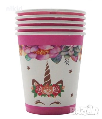 Unicorn Еднорог бял фон 9- 10 бр картонени чаши парти рожден ден, снимка 1