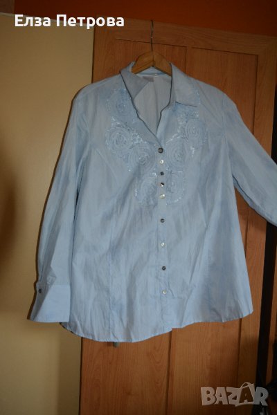 Интересна банкетна млечно синя риза с дълъг ръкав, снимка 1