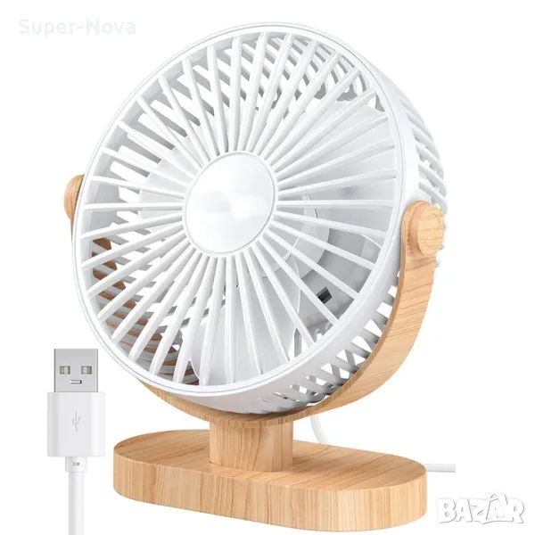 Бял USB настолен вентилатор с дървесна основа – 16 см, 3 степени на скорост, снимка 1