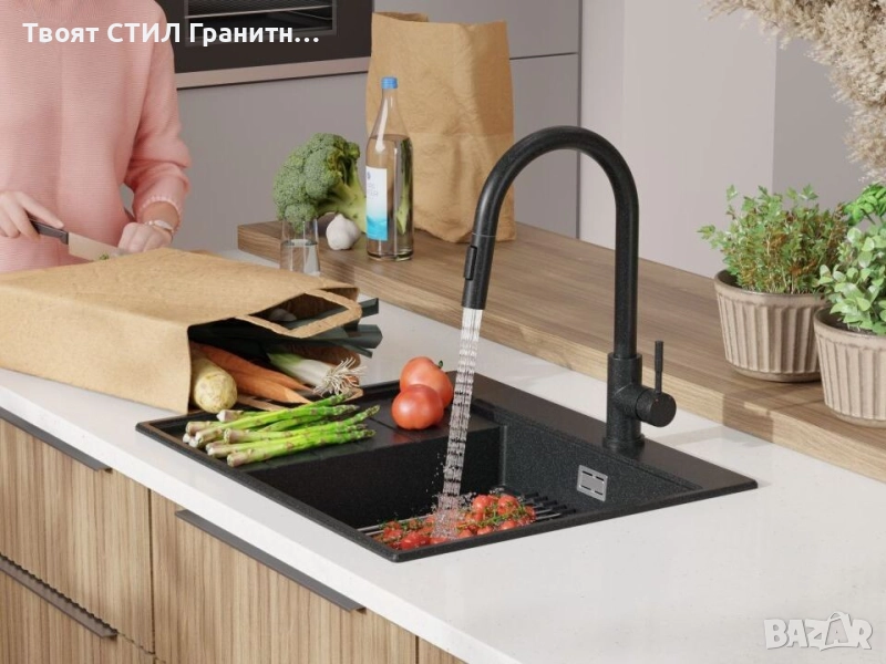 Графит гранитна кухненска мивка Сидни 620-45 Ergo Multilevel 620х500, снимка 1