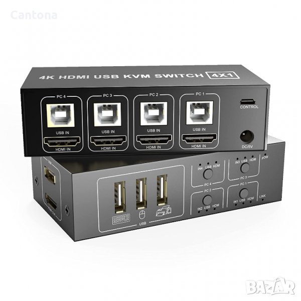 4-портов HDMI KVM превключвател, 4 компютъра с един монитор, 4K@60Hz, 4 в 1 KVM, мишка, клавиатура, , снимка 1
