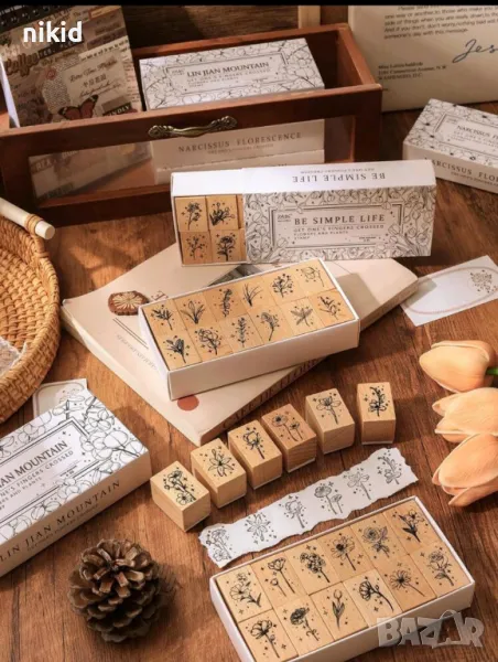 12 бр цветя цвете гумирани дървени печати печата цветя за бисквитки картички и др украса, снимка 1