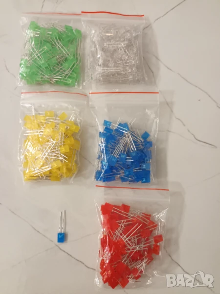 Светодиоди правоъгълни 100 броя, 5 цвята 2x5x7мм, цветни светодиоди, правоъгълни светодиоди, снимка 1