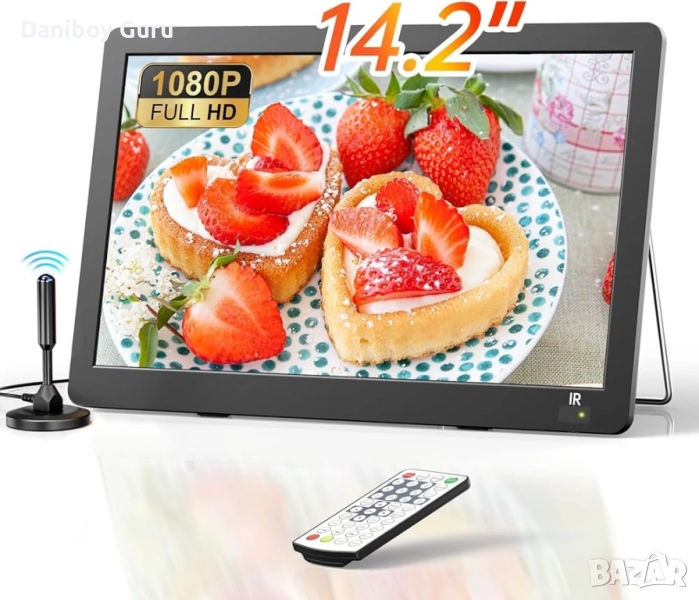 14" HD преносим телевизор, 1080P презареждащ се мини телевизор с антена и DVB-T2 , снимка 1