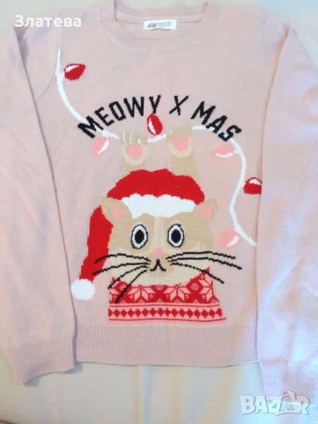 Коледен пуловер с коте на H&M - 10-12 г, снимка 1