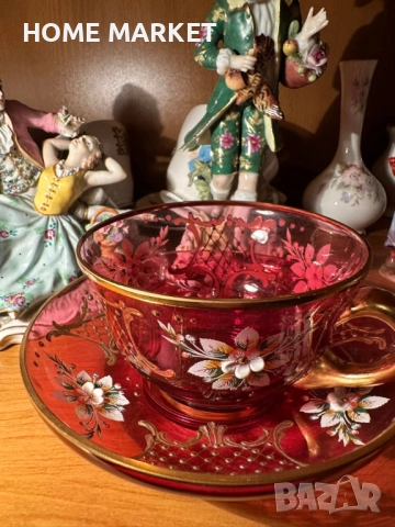 EGERMANN BOHEMIAN RUBY RED CRYSTAL Cup and Saucer - невероятно красив и стилен двоен сет , снимка 2 - Антикварни и старинни предмети - 52638785