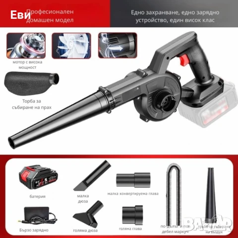 Безжична вентилаторна прахосмукачка 2 в 1 – Издухване и Всмукване с Мощна 21V Батерия, снимка 5 - Градинска техника - 51420051