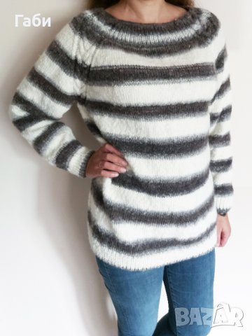 Страхотен ръчно плетен пуловер в  черно, бяло и сиво, снимка 4 - Блузи с дълъг ръкав и пуловери - 26679239