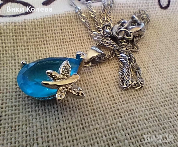 Елегантно колие със син камък и пеперуда, снимка 2 - Колиета, медальони, синджири - 51873154
