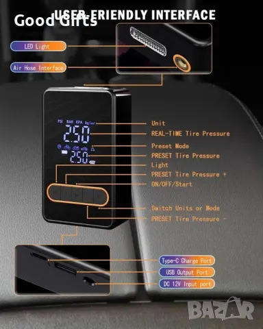 Преносим акумулаторен компресор с дисплей за помпане на гуми с детектор за налягане, снимка 7 - Компресори - 50209108