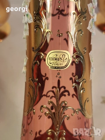 ваза с две чаши розово стъкло с позлата Bohemia , снимка 9 - Антикварни и старинни предмети - 50946044