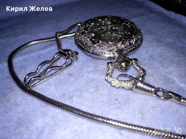 RATERA QUARTZ СРЕБРИСТ ВИНТИДЖ ДЖОБЕН КВАРЦОВ ЧАСОВНИК с ЛОКОМОТИВ на КАПАКА и КЮСТЕК ВЕРИЖКА 22060, снимка 9 - Джобни - 39896905